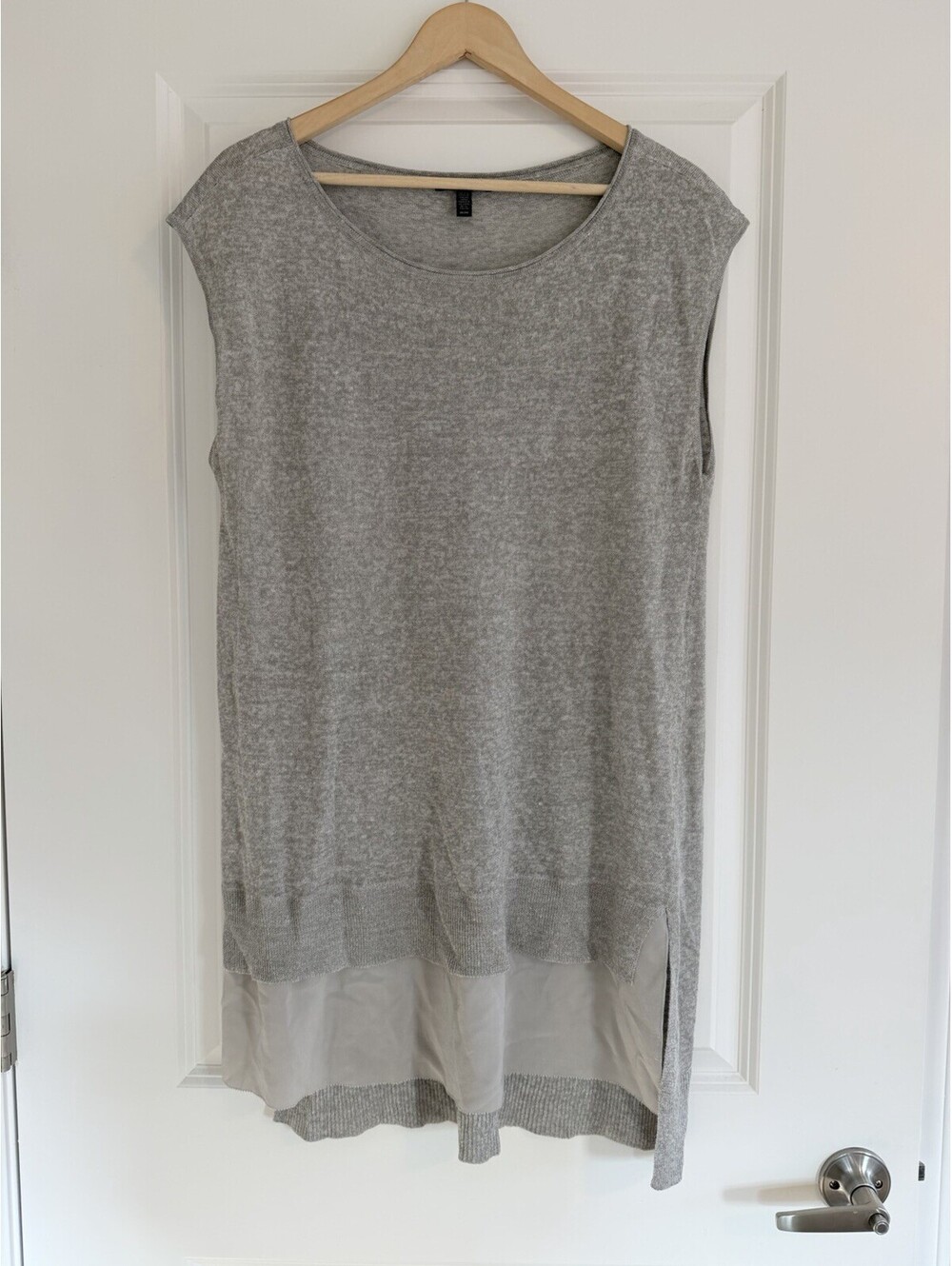 Eileen Fisher Grey Sleeveless Linen Tunic Sweater with Silk Hem Size M Luxury